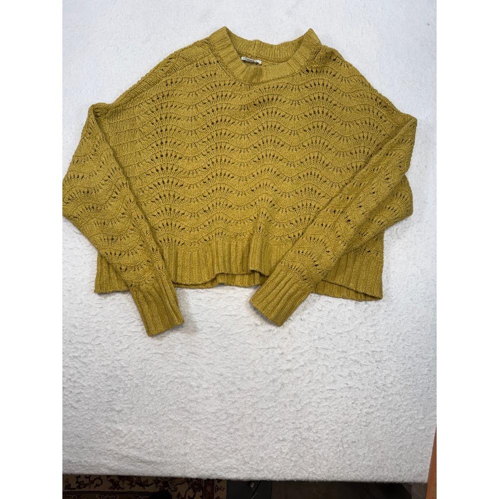 American Eagle Mustard Yellow Scalloped Pointelle Knit Cropped Sweater XL